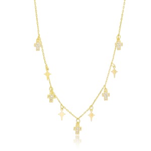 <b>Cross</b> and North Star Design Clear Zircon Stone Charm Necklace Turkish Handmade 925 Sterling Silver Wedding Gift Women's Jewelry - Product Image 2