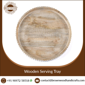 Design personnalisé rond sculpté manguier bois plateau de service/plateau de service alimentaire en bois avec poignée pour hôtel, restaurant fournisseur en vrac - Product Image 4