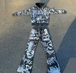 Streetwear vintage sérigraphie avec logo et lettre, ensemble de pantalons de survêtement baggy à capuche et fermeture éclair graffiti délavés à l'acide, vente en gros - Product Image 1