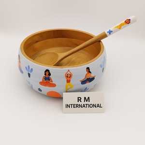 Premium Quality Enamel Printed Handcrafted <b>Mango</b> <b>Wood</b> Fruit <b>Bowl</b> Tray Minimal Serving Decorative Salad <b>Bowl</b> Spoon Set - Product Image 3