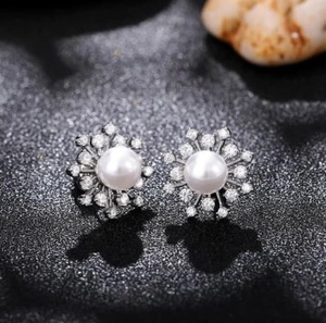 Luxury Pearl Stud Earrings for Women Round White Pearl with CZ Halo Crystal Floral Design Bridal Wedding Party Jewelry Gift - Product Image 4