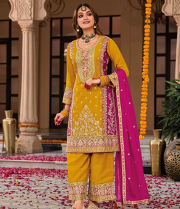 Traje de Chinon de algodón paquistaní indio de diseñador con trabajo de bordado Premium Plazzo & Dupatta para bodas y eventos especiales - Product Image 1