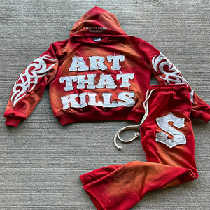 Unisex Custom Winter Digital Printing Acid Wash Tracksuit 100% Cotton Hoodie <b>Sweatpants</b> <b>Set</b> with Patch Embroidery - Product Image 2
