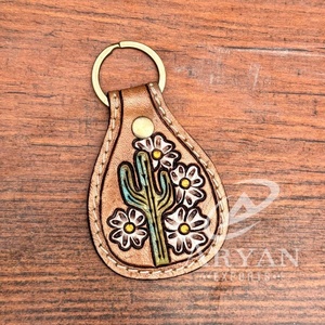 Western Hand Tooled Leather Cactus & Floral <b>Key</b> <b>Fob</b> Carved Genuine Leather Keychain Handmade Cowhide Leather Luxury <b>Car</b> Keyrings - Product Image 1