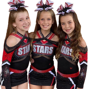 Girls Cheerleading Uniform <b>Off</b> <b>Shoulder</b> Black Red Crystal Stars <b>Long</b> <b>Sleeve</b> <b>Top</b> Skirt Set <b>Long</b> <b>Sleeve</b> Competition Cheerleader - Product Image 1