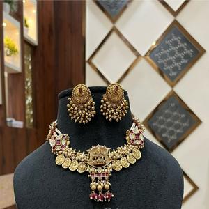 Designer Premium Quality Gold Plated Polki Temple <b>Necklace</b> <b>Set</b> With Earrings for <b>Wedding</b> Wear Collection For Women - Product Image 1