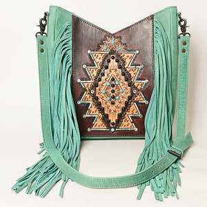Bolso bandolera de cuero hecho a mano con flecos, bolso de hombro occidental bohemio con bordado azteca, monedero de piel de vaca Vintage para mujer - Product Image 1