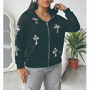 Sweat à capuche pour femme, coupe ample, fermeture éclair, motif croix en strass, épaules tombantes, cordon de serrage, fermeture éclair - Product Image 2