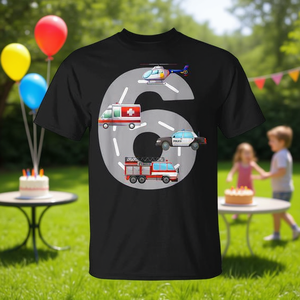 Camiseta de Vehículos de Emergencia, Camión de Bomberos y Coche de Policía para Niños, Regalo Perfecto para el Sexto Cumpleaños - Product Image 2