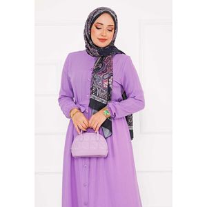 Vestido de manga elástica con botones Vintage Lila, logotipo personalizable, cintura Imperio, patrón sólido, XS 6XL, forro Sexy informal de otoño - Product Image 1