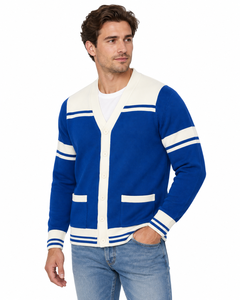 Cardigan en tricot rayé bleu et blanc pour homme avec fermeture boutonnée, manches longues, vêtement d'automne, OEM ODM, logo, marque privée - Product Image 1