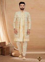 Chemise décontractée pour homme en soie/coton brodé à motif géométrique, col rond, coupe classique, anti-plis, anti-boulochage, style indo-occidental, écologique