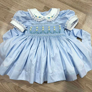 Robe bleue pour bébé fille, brodée à la main, avec bordure en dentelle, manches bouffantes, robe de fête pour bébé et tout-petit, boutique - Product Image 2
