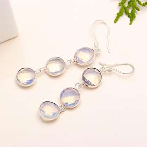 Opalite Quartz 925 <b>Sterling</b> <b>Silver</b> Round Shape Three Gemstone Dangle <b>Drop</b> <b>Earrings</b> For Women Anniversary <b>Earrings</b> Gifts For Her - Product Image 3