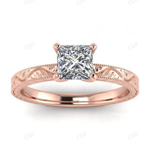 Anillo de compromiso de moissanita de corte princesa Estilo Vintage banda de boda con textura de oro amarillo de 18K para mujer VVS certificado GRA - Product Image 4