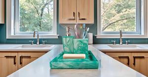 Complete 4-Piece Resin Bathroom Accessory <b>Set</b> Green Vanity Tray with <b>Soap</b> Dispenser and Toothbrush Holders Disposable Features - Product Image 2