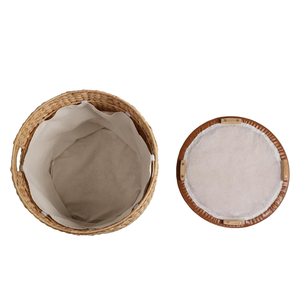 Pouf de rangement en jacinthe d'eau de style fermier tissé à la main avec couvercle en cuir pour salon, chambre à coucher, entrée du Vietnam - Product Image 2