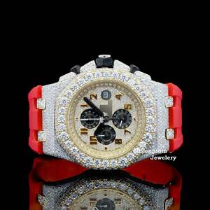 นาฬิกาโครโนกราฟเพชรโมอิสซาไนต์แบบ Iced Out สำหรับผู้ชาย ตัวเรือนสแตนเลส สายซิลิโคนสีแดง หน้าปัดทรงกลม นาฬิกาแฟชั่นอัจฉริยะสำหรับทุกวัน - Product Image 6
