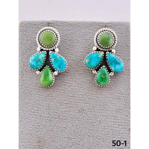 Southwest Style Emerald Valley Turquoise & Sterling <b>Silver</b> <b>Stud</b> Earrings Flower-shaped with Bezel Setting - Product Image 2