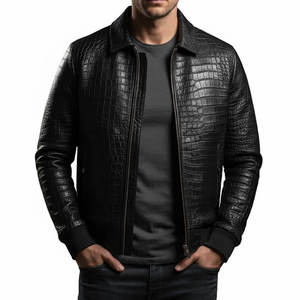 Veste en cuir de vache à finition gaufrée avec logo frontal à motif uni, veste d'hiver légère et écologique - Product Image 1