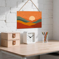 Décoration Murale en Bois Paysage Coucher de Soleil Mid-Century 30x20cm, Panneau MDF avec Corde de Jute, Collines en Relief, Style Rétro Géométrique pour la Maison