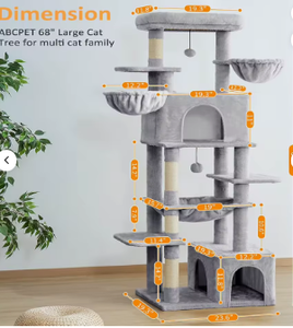 Arbre à chat moderne à 10 niveaux et tour de 68 pouces avec poteaux à gratter en sisal, hamac et niches pour chats d'intérieur, gris clair - Product Image 3