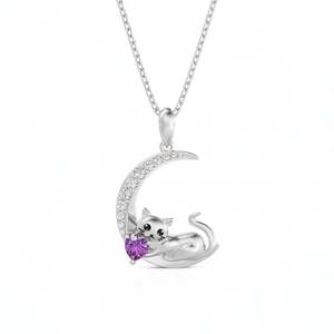 สร้อยคอ Jeulia Custom Cat Moon Birthstone - เงินสเตอร์ลิงชุบโรเดียมสีโรสโกลด์ ดีไซน์รูปหัวใจและกุญแจสุดทันสมัย - Product Image 6