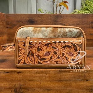 New Hot Selling Hand Tooled Leather Travel <b>Storage</b> <b>Zip</b> Makeup Pouch High Quality Cowhide Leather Portable Toiletry Cosmetic <b>Bags</b> - Product Image 1