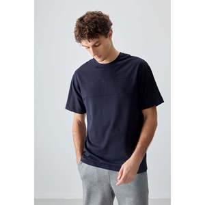 T-shirt basique pour homme Air Jones, coupe ample, en coton mélangé épais et doux, bleu marine pour un usage décontracté - Product Image 1