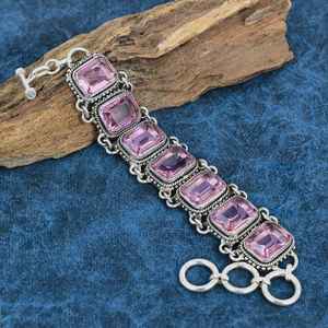 Pulsera de Plata de Ley 925 con Cuentas de Kunzita Rosa Brillante Hecha a Mano, Joyería de Piedras Preciosas Certificadas por GIA, Regalo de Lujo para Ella - Product Image 1