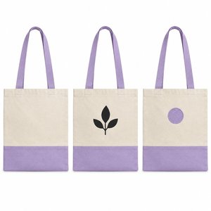 Bolsa de Mano de Lona de Algodón de Dos Tonos, 13x15 Pulgadas, 330 GSM, Morado Claro y Beige, con Logotipo Personalizado, Reutilizable, Cierre Abierto, Asas Largas - Product Image 4