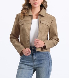 Veste en cuir automne-hiver personnalisée pour femmes avec col tournant solide manches complètes et doublure en satin respirant - Product Image 1
