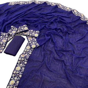 Recién llegado, tela de Georgette sintética de trabajo con borde de encaje bordado de múltiples secuencias, Sari de longitud larga para mujer, ropa de fiesta y boda - Product Image 2