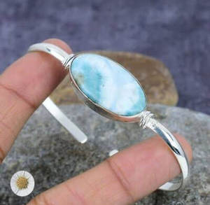 Awesome Handmade Sterling <b>Silver</b> <b>Bangle</b> Round Shape Larimar Smooth Gemstone 10mm Summer Sale Cheapest Price Jewelry for All - Product Image 4