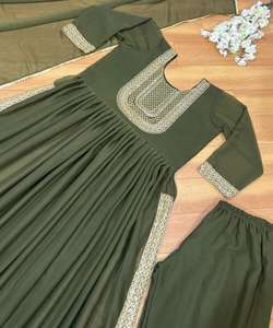 Vêtements de fête lourds-Robe indienne en coton lin rayonne soie Georgette avec broderie Chinon et Dupatta léger - Product Image 3