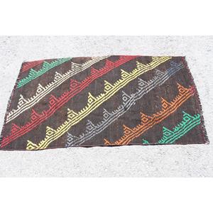 Vintage Small Rug 2.6x4.8 ft, Turkish Kilim <b>Brown</b> Abstract <b>Wool</b> Rug - Product Image 3