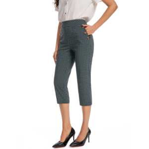Pantalones Capri Casuales a Cuadros de Cintura Alta, Silueta Lápiz, Elásticos, Cortos de Verano con Botones para Atuendos Informales - Product Image 3