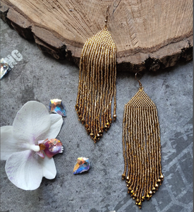 Pendientes de cuentas de oro, pendientes largos de ombre de oro, pendientes de flecos con cuentas - Product Image 2