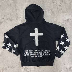 Estilo Vintage 100% algodón 450gsm Sudadera con capucha de gran tamaño para hombres-Apliques desgastados bordado Zip ácido lavado patrón sólido - Product Image 2