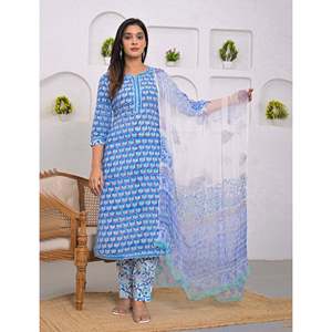 Blue Hand-Drawn <b>Block</b> <b>Printed</b> Cotton Kurta Pant Set with Dupatta Ethnic Indian Wedding and Party Wear Stitched - Product Image 1