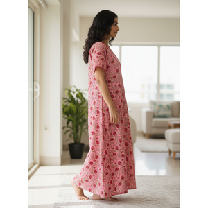 Robe de nuit 100 % coton imprimée à la main (motif Jaal), tissée douce, motif floral, fermeture boutonnée, taille 3XL, idéale pour les demoiselles d'honneur (ODM) - Product Image 2