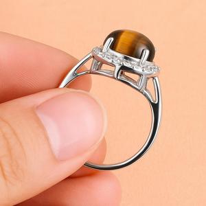 Wholesale <b>Tiger's</b> <b>Eye</b> Sterling Silver 925 <b>Ring</b> with Cabochon CZ Halo-Romantic Anniversary Party Gift for Women Rhodium Plated - Product Image 3