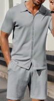 Ensemble décontracté 2 pièces pour homme : Chemise tricotée à manches courtes boutonnée et short à séchage rapide, motif léopard, en Spandex/Coton/Fibre de bambou