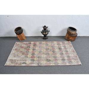 Vintage Turkish Rug Large 3x5,6ft Beige <b>Yellow</b> <b>Wool</b> with Latex Backing Rectangle Pattern Style Tabriz for Teen's Room Hallway - Product Image 3