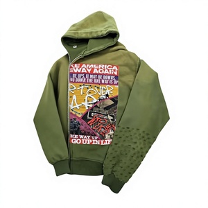 Sweat à capuche oversize personnalisé en molleton brodé, style streetwear, délavé à l'acide, effet usé, vintage, avec fermeture éclair et strass, couleur unie, effet soleil délavé - Product Image 6