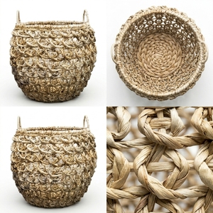 Panier de rangement naturel tressé à la main en treillis ouvert, pot rond, organiseur de linge, décoration, design artistique pur - Product Image 2