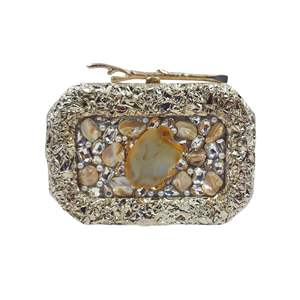 Sac à main de soirée de luxe en métal argenté avec incrustation de pierres d'agate, de perles et de cristaux, fait à la main, pour mariage, fête, déclaration - Product Image 1