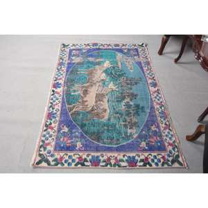 Alfombra de lana verde azul rústica 5,2X3,6 pies hecha a mano turca área grande rectángulo Patchwork abstracto Halleway modelo látex nuevo - Product Image 3