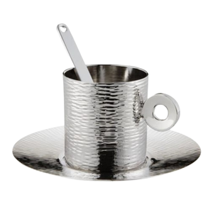 Tasse et soucoupe à double paroi en acier inoxydable fini argenté Ensemble de tasses à thé à double paroi avec poignée - Product Image 1