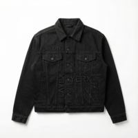 Veste en jean noir épais Y2K personnalisée pour homme avec panneaux techniques, broderie, effet vieilli, coupe ample, style streetwear, séchage rapide sur le devant